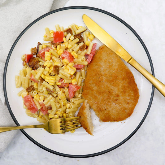 Creamy corn and smokey rashers pasta salad
