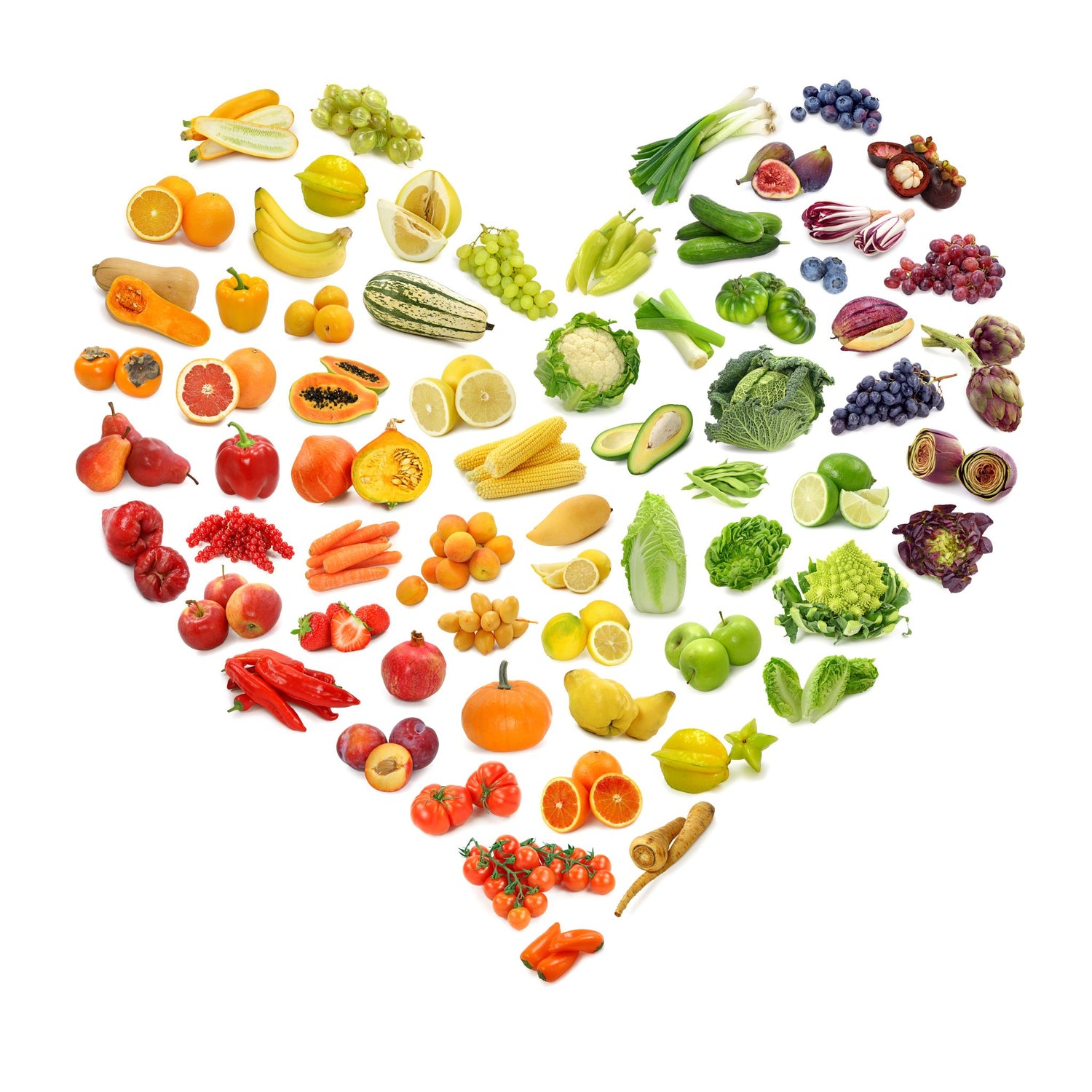 Rainbow of vegetables in heart shape 